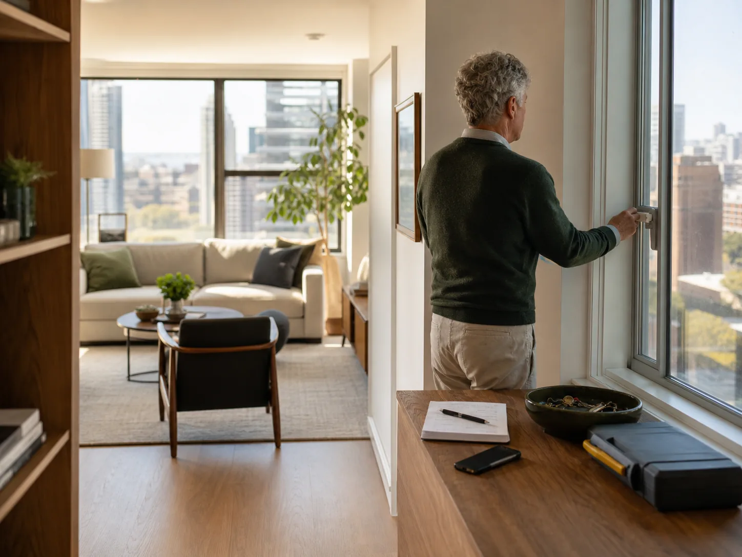 A mature apartment owner checking a window before leaving