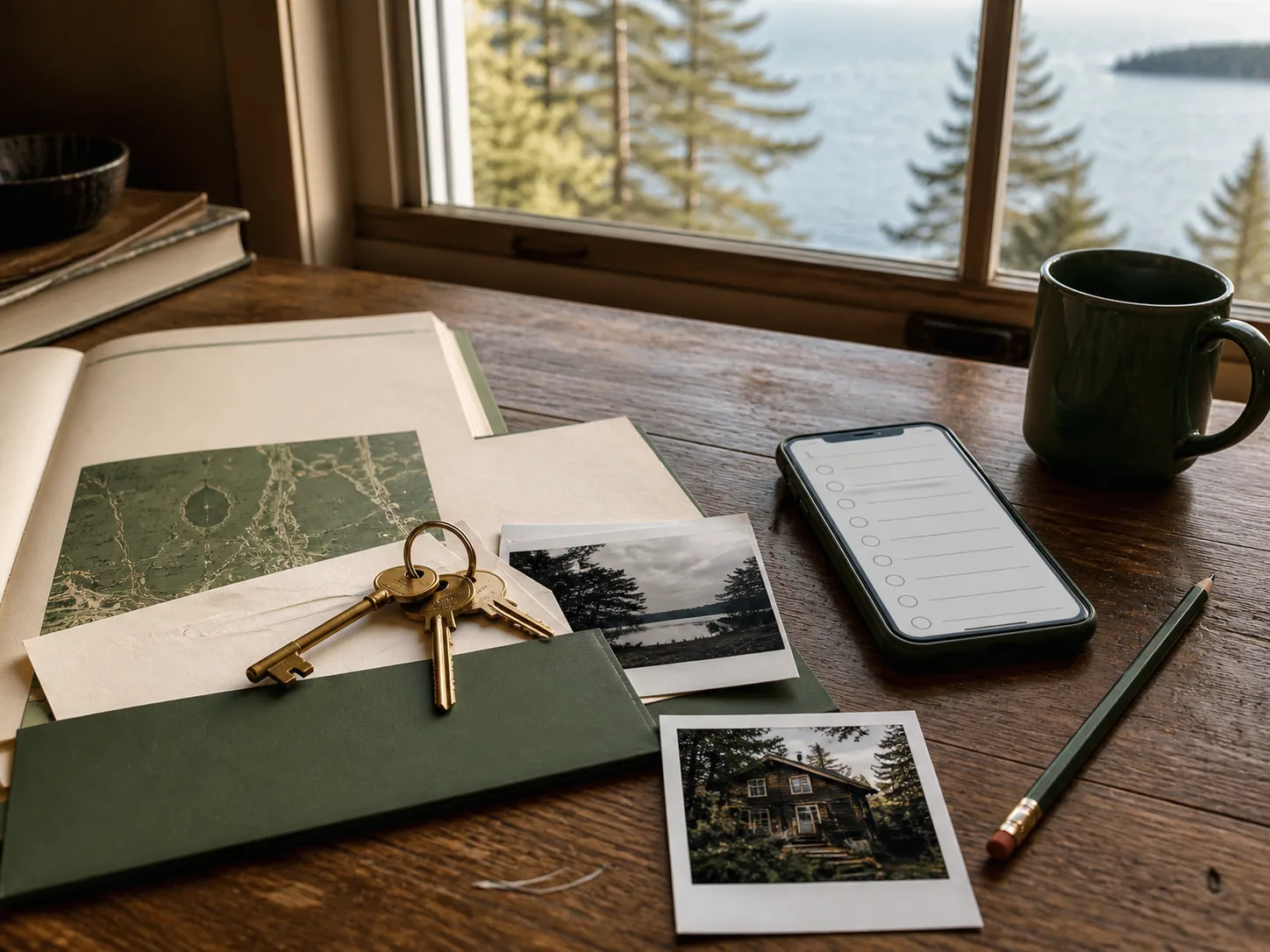 Property records, keys and a checklist arranged on a cottage table